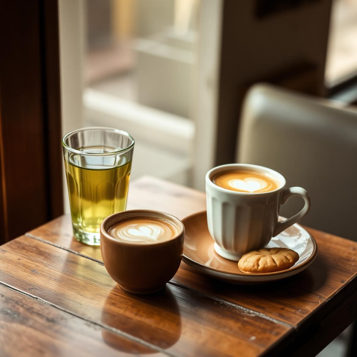 A glass of mint tea beside a flat white in a ceramic cup, soft morning light