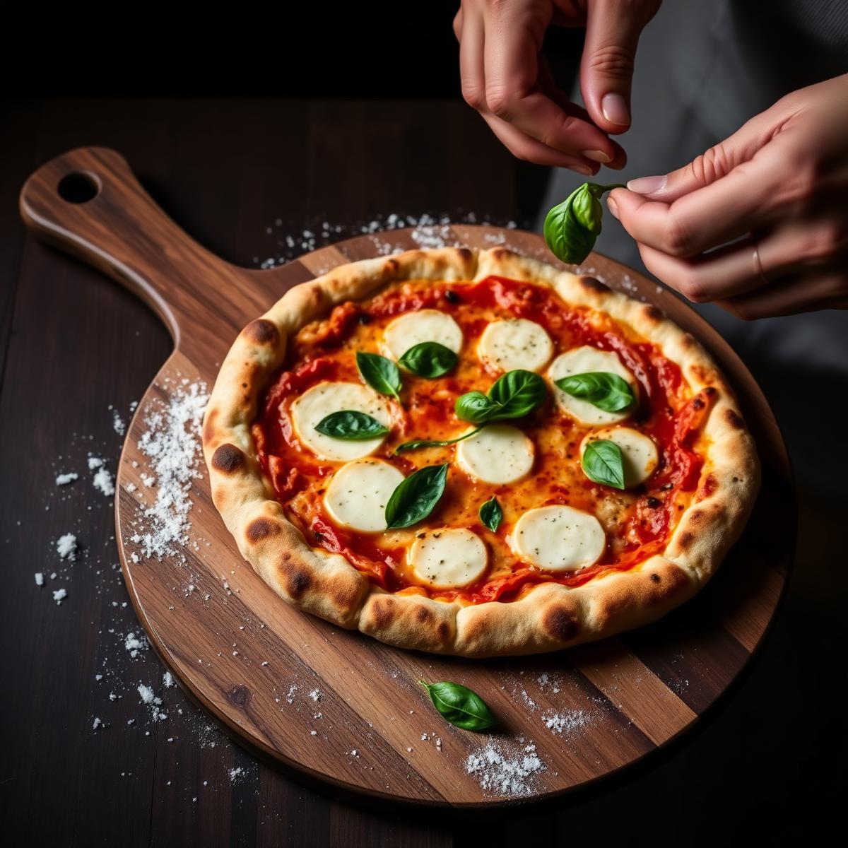 Wood-fired Margherita pizza on a wooden peel with hands tearing fresh basil