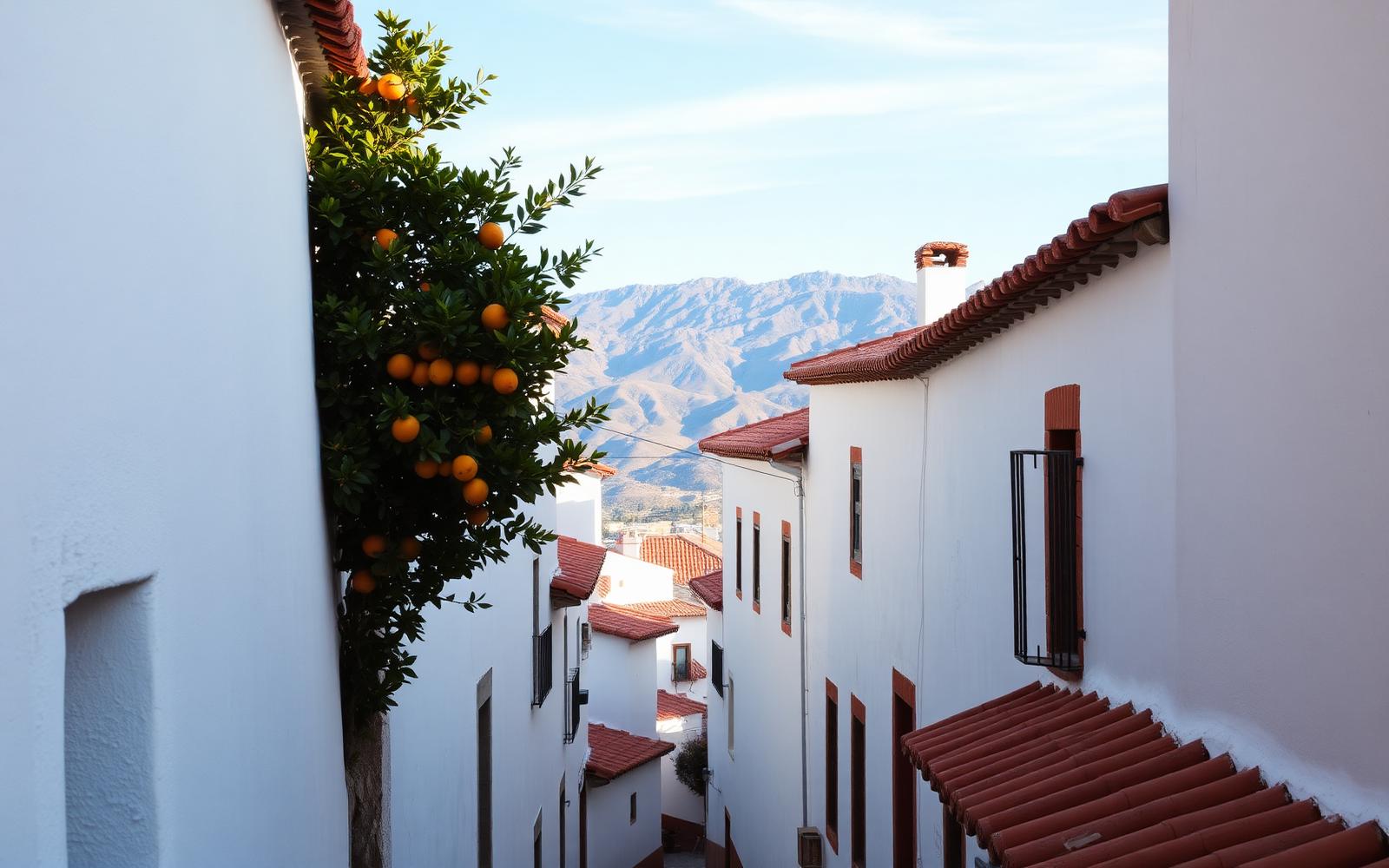 A whitewashed Alpujarra street with a citrus tree and the Sierra Nevada in the distance