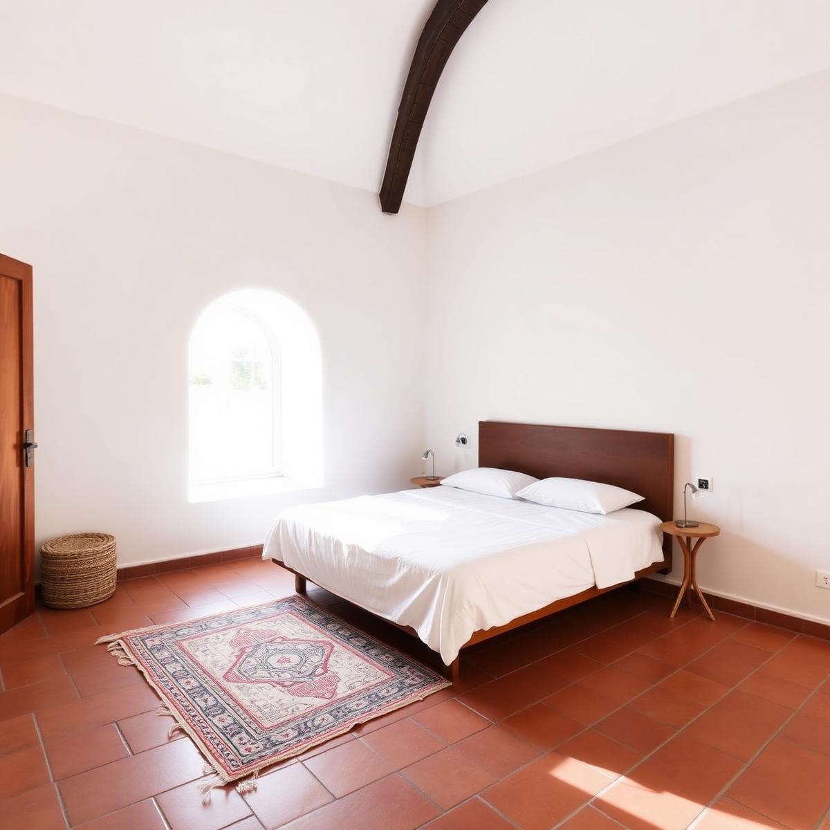 A calm bedroom with whitewashed walls, a wooden beam, linen sheets and a small Moroccan rug