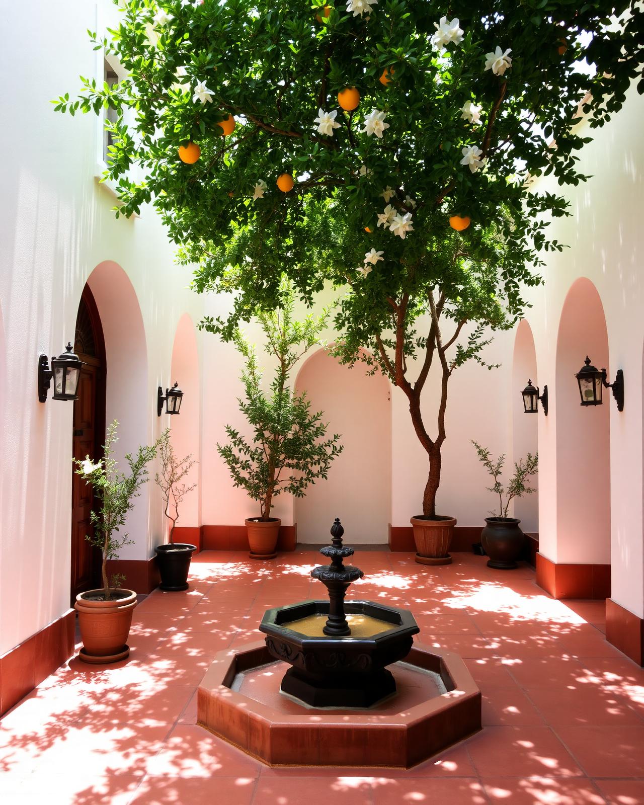A sunlit Andalusian courtyard with whitewashed arches, terracotta tiles, an orange tree and a small central fountain
